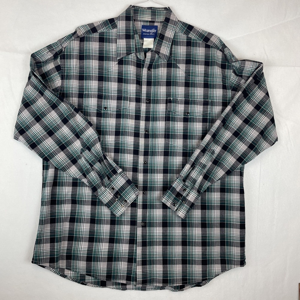 VTG Vintage Wrangler Black Plaid Pearl Snap Button Western Shirt / Men's XL